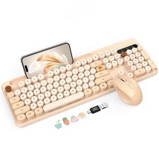 Wireless Keyboard and Mouse Combo, Retro Round Keycaps, Cute Full-Size Typewr...