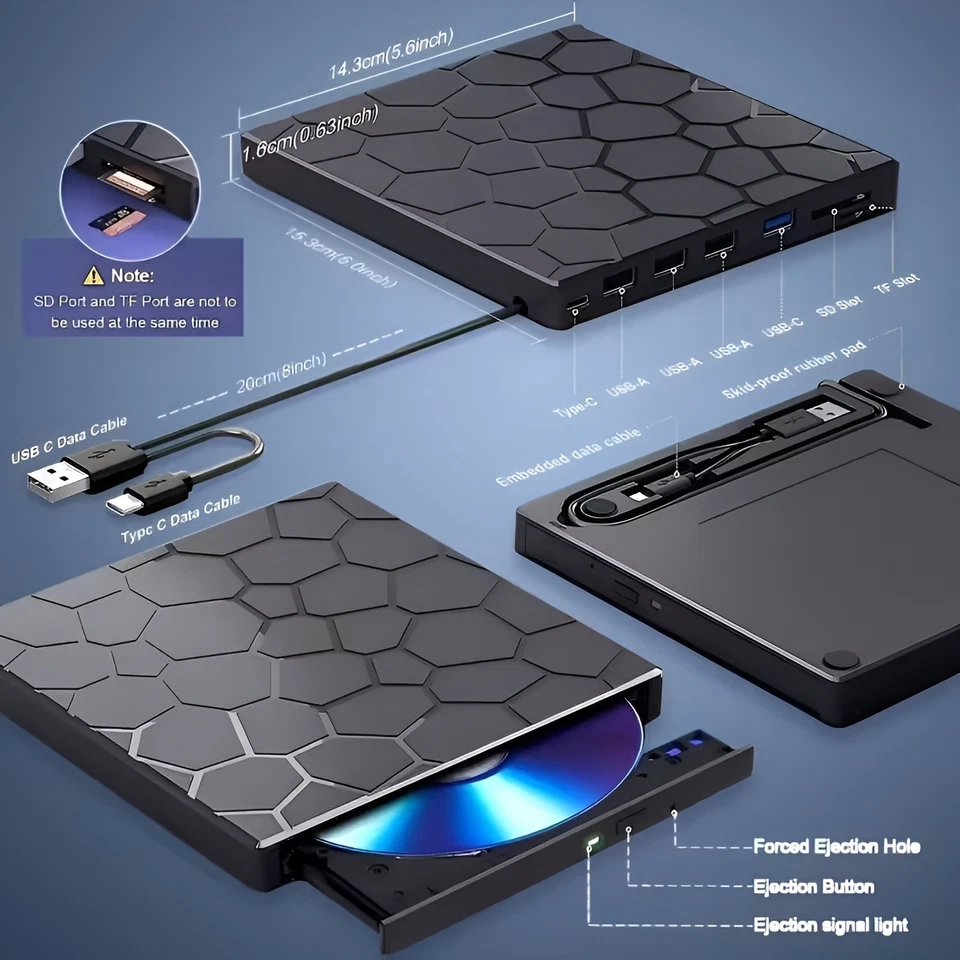 Lettore Masterizzatore 8 In 1 Disco Cd Dvd Rw USB-C 3.0 Esterno Portatile Pc Pro - Immagine 2 di 4