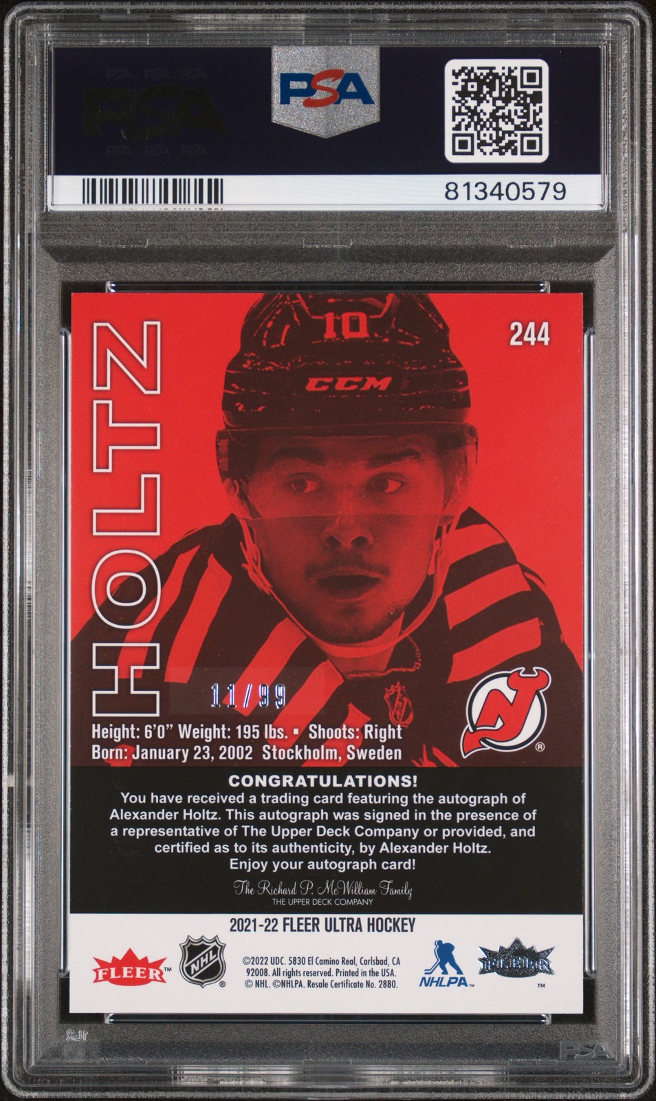 2021 Upper Deck Fleer Ultra #244 Alexander Holtz Auto-Red Rainbow Foil PSA 10 view 2