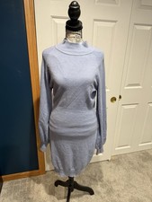 Luxura Blue Solid Knit Cowl Neck Long Sleeve Sweater Dress Knee Length S