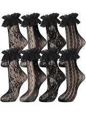 Geyoga 4 Pairs Women's Lace Ankle Socks Retro Frilly Ruffle Mesh 7-11 Black