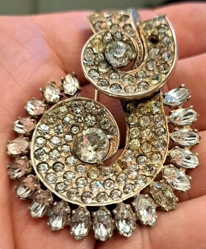 VTG Eisenberg Original Sterling Silver ART DECO Style Rhinestone Fur Clip Pin