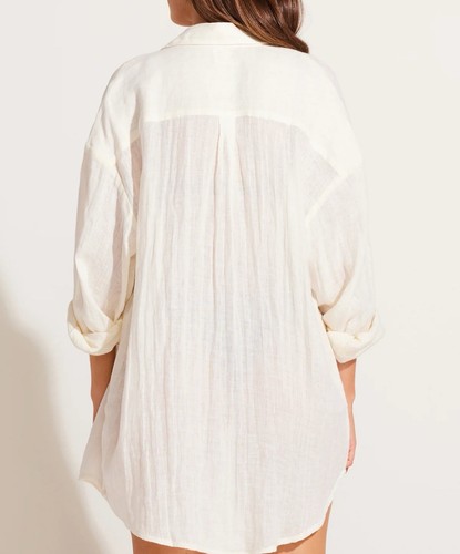 NWT Vitamin A Linen Large Relaxed Boyfriend Long Sleeve Cream Button Up Shirt - Picture 2 of 9