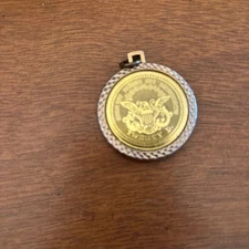 Vintage Large Faux Gold Coin Encased in Clear Covering & Etched Frame Pendant