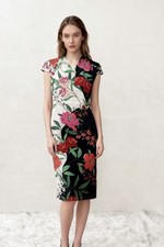 Multicolor Floral Sheath Dress V-Neck Cap Short Sleeve Knee Length