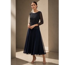 NWT Xscape Beaded Evening Gown Women 14 Navy Blue Tea Length Formal Wedding