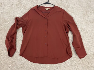 Notations Casual Button Up Shirt Womens XL Regular Collared Cuffed Hi-Low Brown