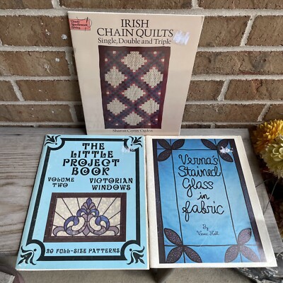 Lot 2 QUILTING BOOKS- Irish Chain Stitch, Stained Glass In Fabric, Glass Pattern