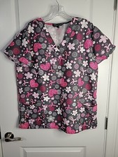 Cassandra O Flowers Pink Ribbon V Neck 2 Pocket Gray Women's Scrub Top Large