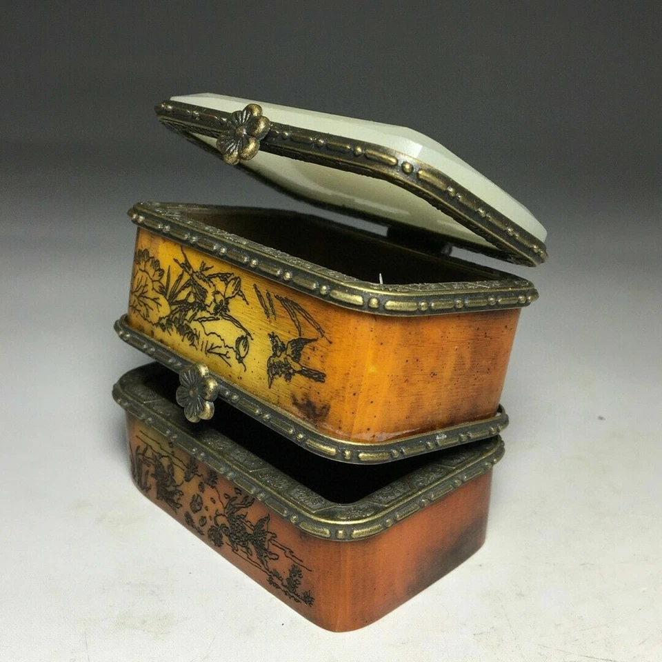 Joyero chino antiguo con incrustaciones de jade flor de loto y pájaro tres abiertos - Foto 4 de 4