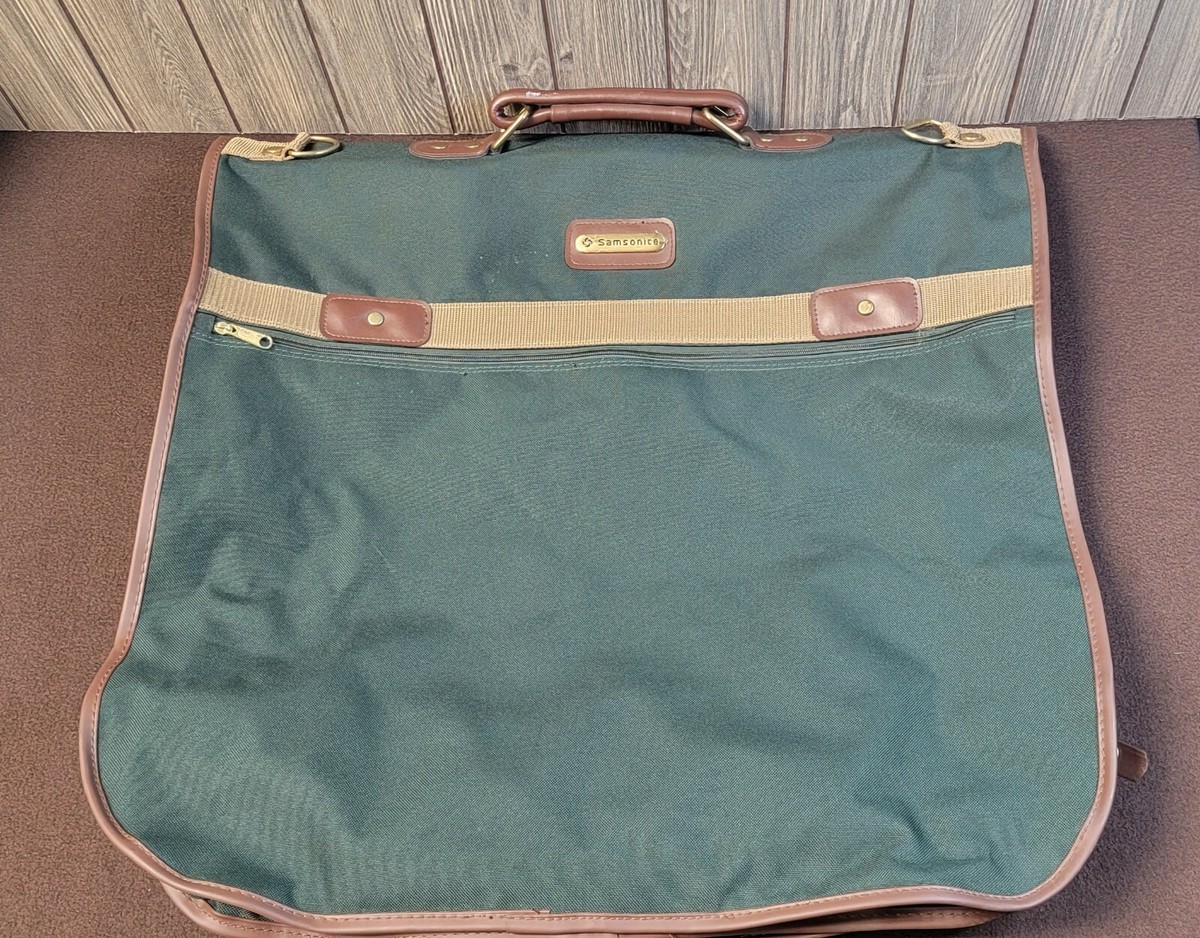 Samsonite Garment Bag, Green Canvas with Brown Leather, 4 Zipper
