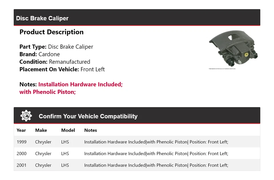 Pinza de freno de disco delantera izquierda Cardone 2000 para Chrysler LHS 1999-2001 Foto 2 de 4