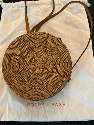 NEW Poppy + Sage FIONA CIRCLE BAG Purse 8'' Rattan Crossbody Leather Strap