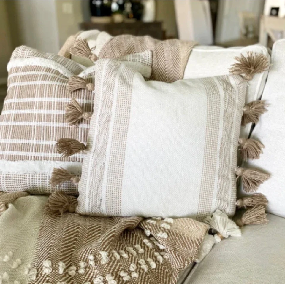 NEW! Hand Woven Pillow Taupe & White, Tassels, Ticking Stripes 18" Square - Image 4 of 4