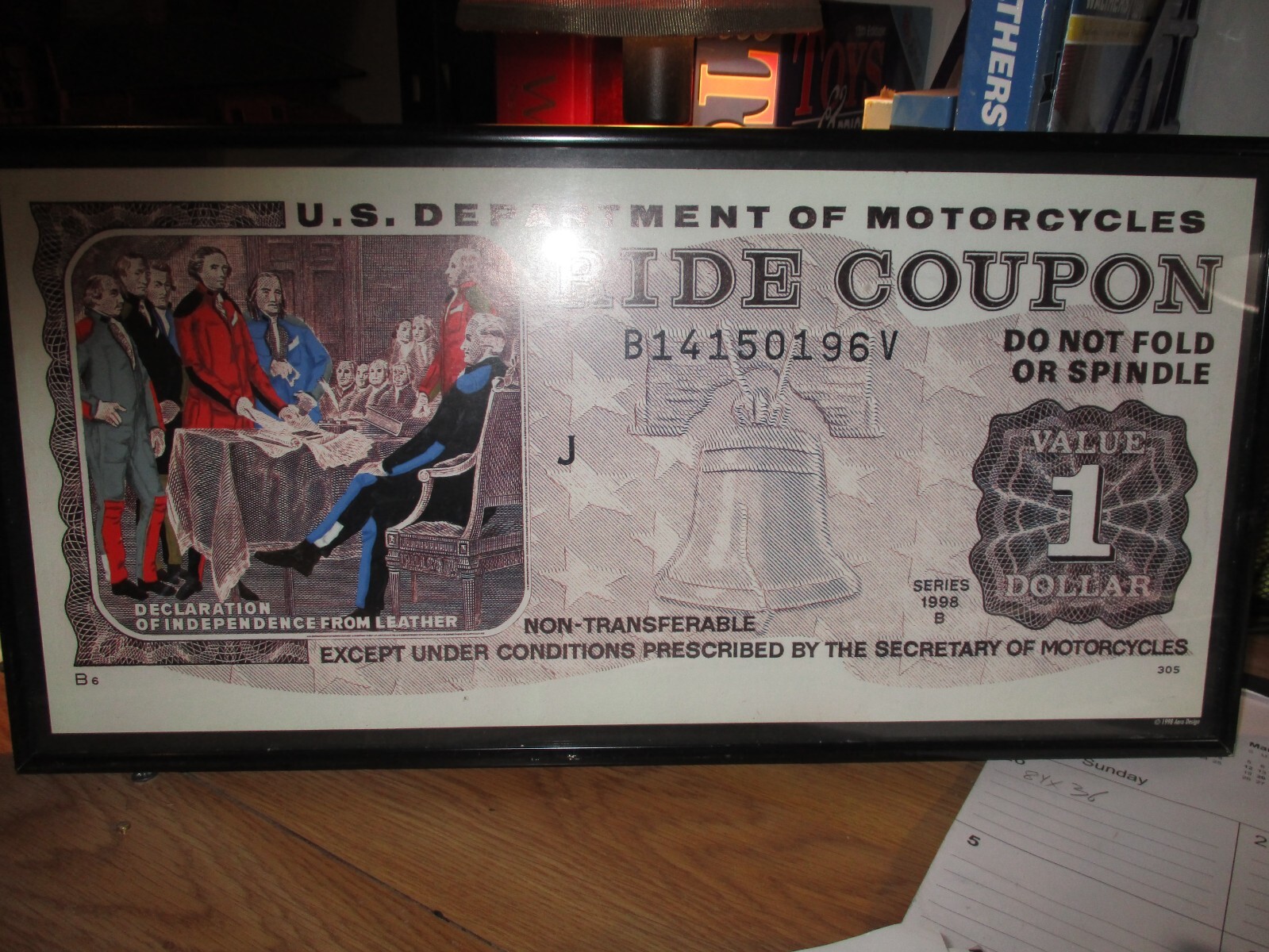 FRAMED PICTURE U.S.DEPARTMENT OF MOTORCYCLES RIDE COUPON 16 1/2" X 8 1/