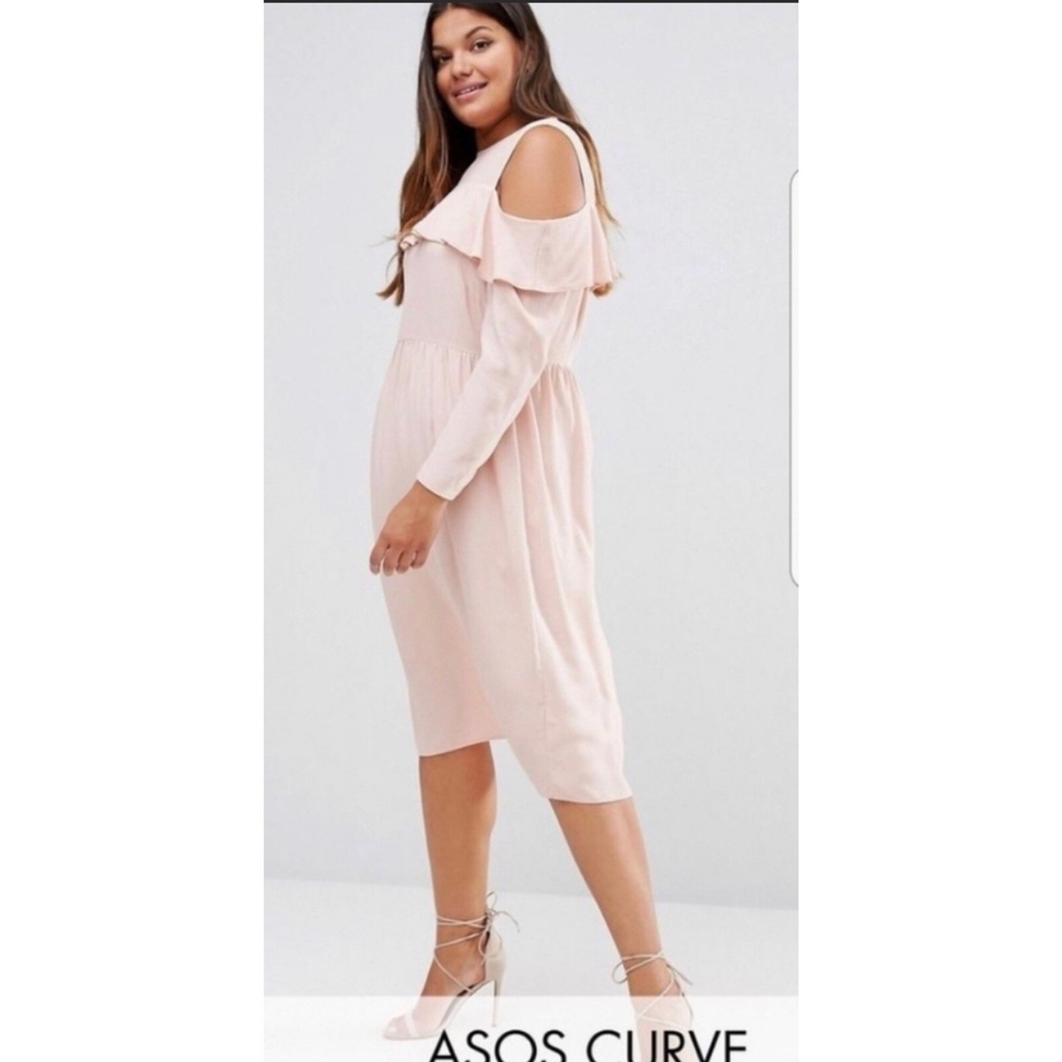 NEW Asos Curve Ruffle Cold Shoulder Light Pink MIDI Dress Womens