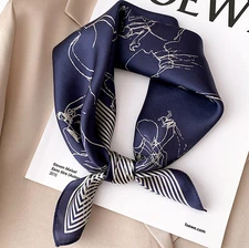 100% Silk 20“ small Scarf Women neckerchief Wrap striped navy blue ZT19