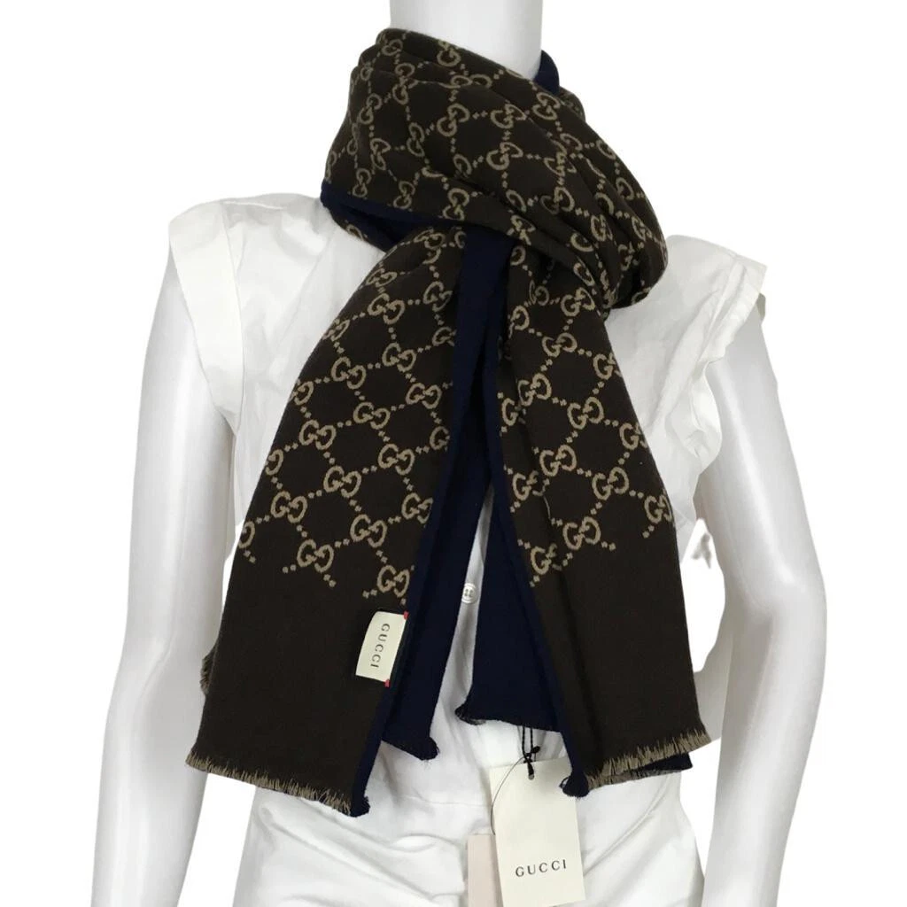 Gucci Foulard Femme Double Face Bleu Autre Côté Marron Beige Monogramme GG