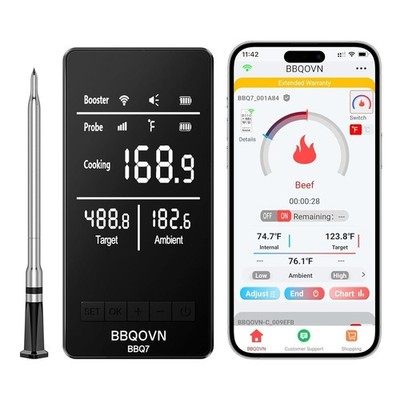 BBQOVN Unbegrenzte WiFi Reichweite kabelloses Fleischthermometer mit 7 NIST-Sensoren, Smart