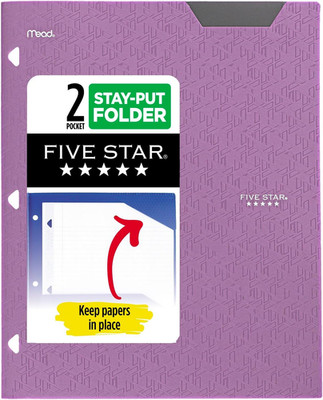2-Pocket Folder, Plastic Folder with Stay-Put Tabs, Fits 3-Ring Binder, Holds 8-