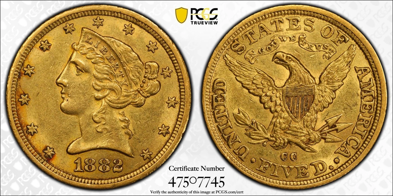 1882-CC $5 Liberty Head Half Eagle PCGS AU58 (CAC)