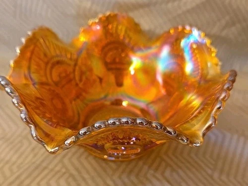 VTG RUFFLED EDGE CARNIVAL GLASS NUT/CANDY Trinket DISH *Marigold