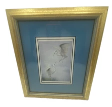 Framed 1980s Great Egrets Lithograph Pastel Birds Art Deco Revival Signed Matted