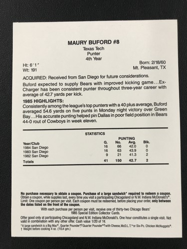 1985 McDonald's Chicago Bears Maury Buford Yellow w/ Tab HIGH GRADE - Picture 2 of 2