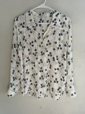 Gerard Darel 100 Silk Semi Sheer Long Sleeve Blouse Ivory Blue Floral 36 Med