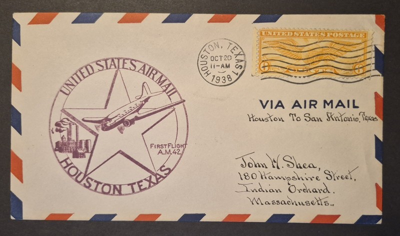 1938 First Flight Houston TX Texas Airmail AM-42 AM 42 Air Mail Cover