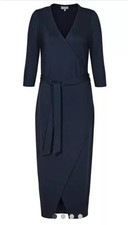 Oliver Bonas Navy Blue Soft Jersey Faux Wrap Midi Dress 12 RRP £55