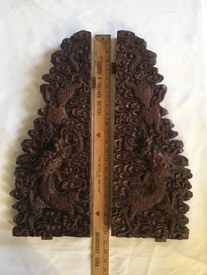 2 piezas de panel de palo de rosa tallado a mano chino vintage de los años 80 motivo de nube y dragón Foto 2 de 4