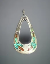 NAVAJO Tommy Singer SIGNED Tc Inlaid Turquoise  Silver Peyote Bird Pendant