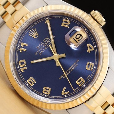 ROLEX MENS DATEJUST 16233 BLUE ARABIC 18K GOLD STEEL NO HOLES TWO TONE WATCH
