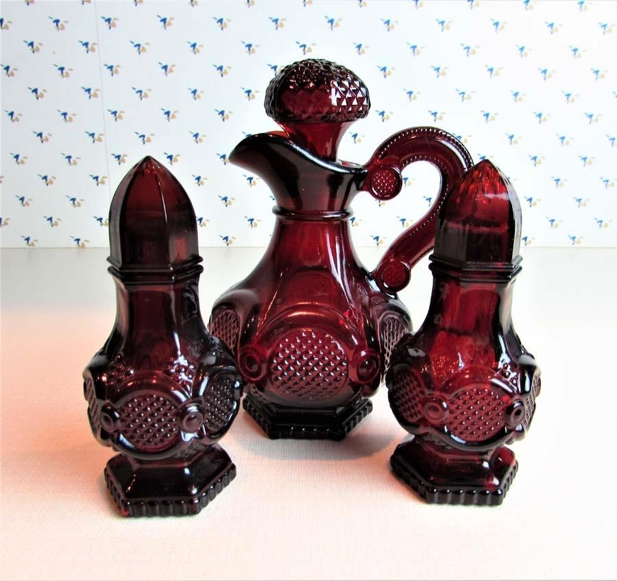 Avon Cape Cod Ruby Red  Cruet with Salt and Pepper Shakers