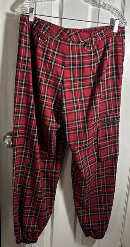 Hot Topic Red Plaid Cargo Pants Zipper Pockets Size 13 Emo Grunge Punk 90s - Picture 5 of 8