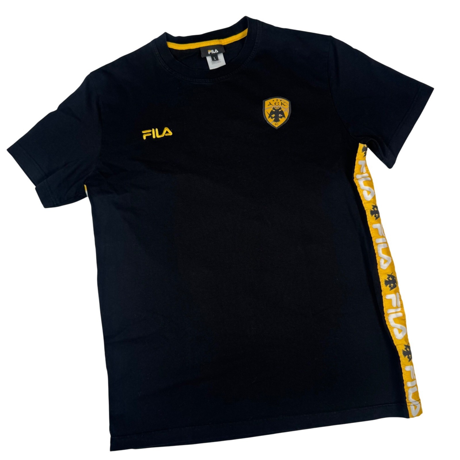 T shirt AEK BC Athens FILA uomo L nera calcio calcio righe laterali logo Grecia