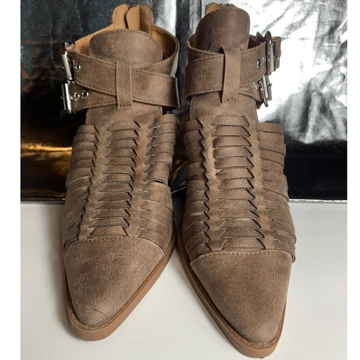 Qupid Strappy Open Side Heeled Booties Womens Western Boho Chic Neutral