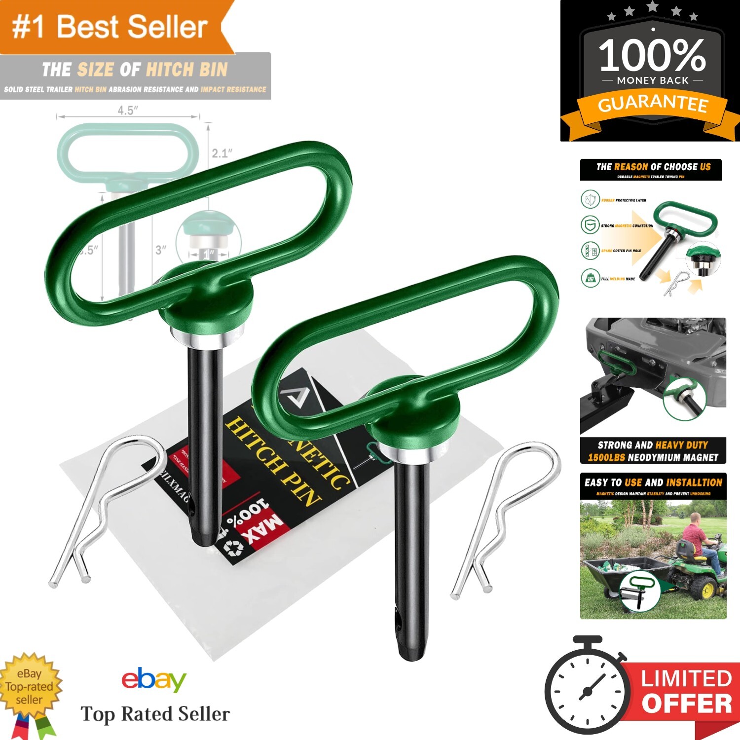 2 Packs Hitch Pin, Lawn Mower Trailer Hitch Pins 1/2 Inch with