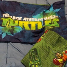Teenage Mutant Ninja Turtles Twin Size Flat Sheet and Pillow Case TMNT Shell Up