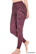 ZENANA MINERAL WASH WIDE WAISTBAND FULL LENGTH LEGGINGS W/POCKETS S-L BURGUNDY