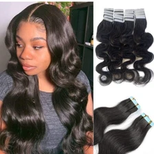 Black Body Wave Tape in Human Hair Extensions , 20 Pieces 14”