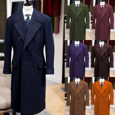Wool Men's Long Overcoat Double Breasted Peak Lapel Formal Business Outdoor Coat