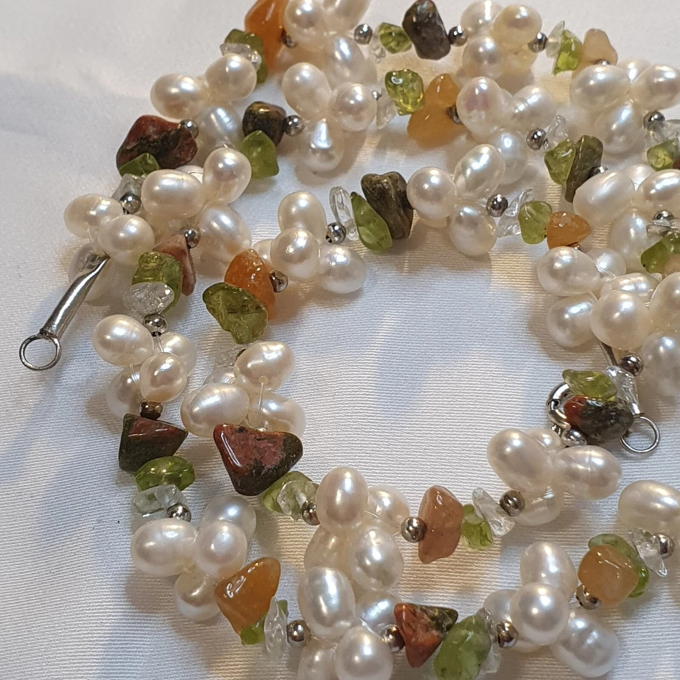 Baroque Pearl & Citrine, Jasper, Peridot Gemstones, Vintage Necklace 18" 45cm  - Image 2 of 4