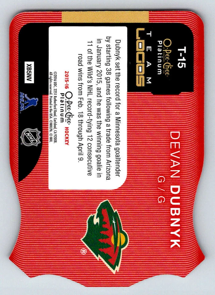 2015-16 O-Pee-Chee Platinum Team Logo Die Cuts #T15 Devan Dubnyk (ref 180425) - Image 2 of 2