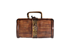 VINTAGE WOOD AND METAL HANDBAG PURSE WITH LATCH AND HANDLES DECORATIVE