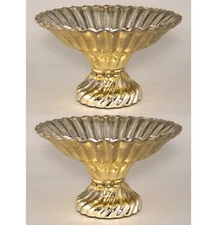 Compote Bowl Vase Glass Gold Mercury Cone 8"Dia 5"High Set/2