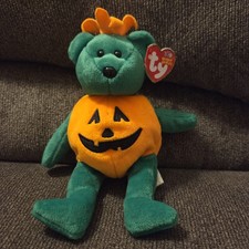 TY Beanie Baby - TRICKY the Bear Wearing Pumpkin Constume  9.5 inch - MWMTs