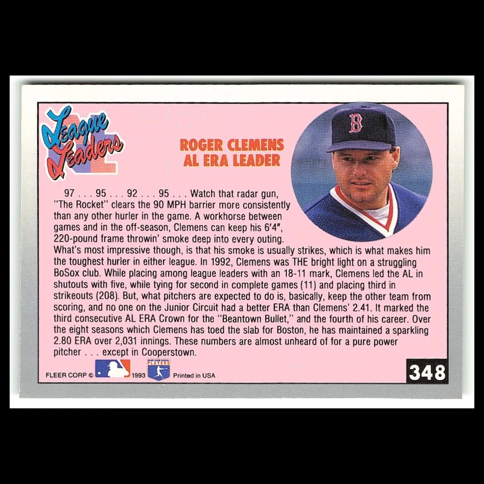Roger Clemens #348 1993 Fleer Boston Red Sox Baseball Card MLB NM - Image 2 of 3