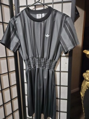 adidas Women's Striped Smocked Waist Short Sleeve Crew Neck Short Dress XS